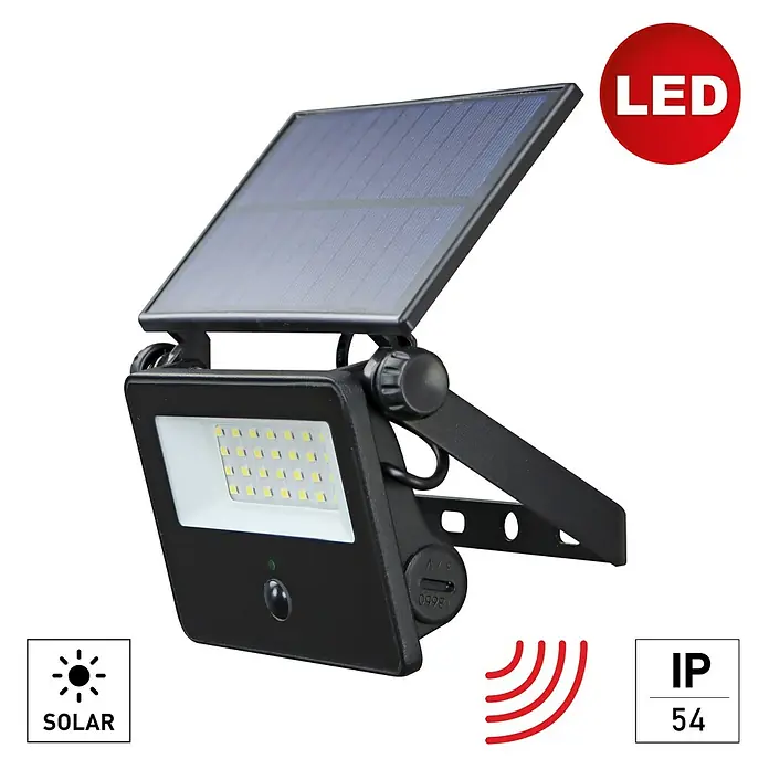 E2 elektro Solar-Außenwandleuchte Segin - 10 W, L x B x H: 19,7 cm x 14,5 cm x 3,2 mm, Schwarz, IP54, 1.500 lm - Hier ist eine Solar LED-Leuchte mit schwarzem Gehäuse und verstellbarem Solarpanel für den Außenbereich.