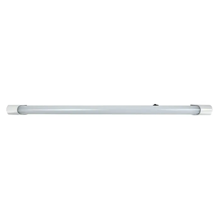 E2 elektro LED-Lichtleiste Base Switch - L x B x H: 600 x 30 x 42 mm, Lichtfarbe: Neutralweiß, 1 Stk., 10 W - Die Nahaufnahme zeigt eine längliche, weiße Leuchtstoffröhre. Sie ist an den Enden abgerundet und wird in einem Gebäude zur Beleuchtung verwendet.