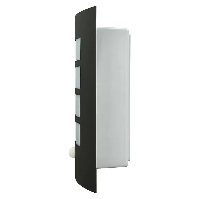 E2 elektro Außenwandleuchte Elux - 15 W, 21,3 x 26,5 x 10,3 cm, Anthrazit, IP44 - Seitenansicht eines automatischen Desinfektionsmittelspenders mit einem schwarzen Gehäuse und einem weißen Tank, der Hygiene und Benutzerfreundlichkeit vereint.