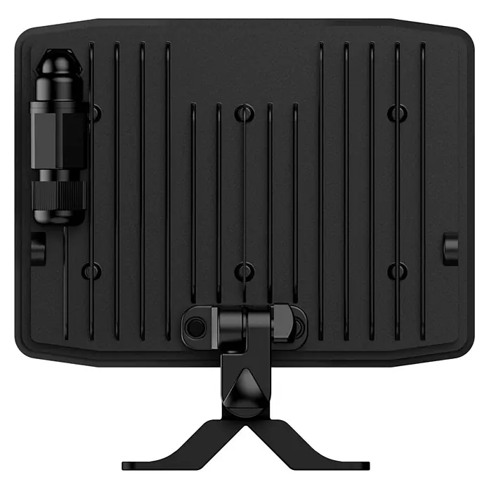 E2 elektro LED-Strahler Pro - 50 W, 5.400 lm, 6.000 K, IP65 - Rückansicht eines schwarzen elektronischen Geräts mit Kühlrippen und verstellbarem Ständer.