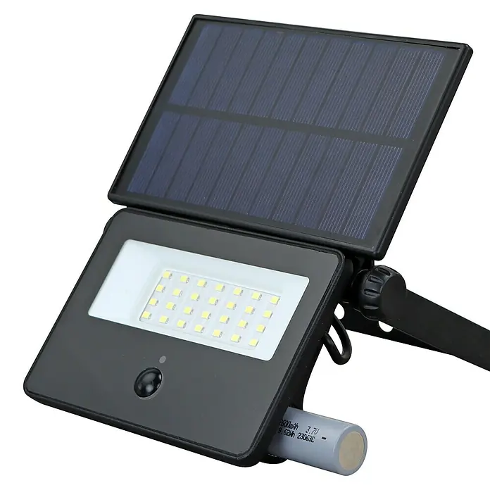 E2 elektro Solar-Außenwandleuchte Segin - 10 W, L x B x H: 19,7 cm x 14,5 cm x 3,2 mm, Schwarz, IP54, 1.500 lm - Nahaufnahme einer Solarleuchte mit LED-Beleuchtung und Akku. Ideal für den Garten oder die Terrasse.