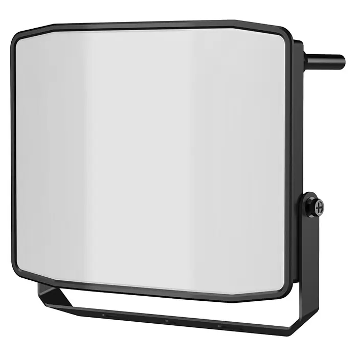 E2 elektro LED-Strahler - 50 W, 5.400 lm, 6.000 K, L x B x H: 3,5 x 18 x 15,5 cm, IP65 - Nahaufnahme einer quadratischen, schwarzen LED-Flächenleuchte. Sie hat ein elegantes, modernes Design mit einer hellen, weißen Oberfläche.