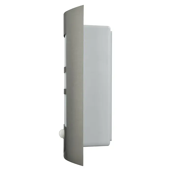 E2 elektro Außenwandleuchte Polis - 15 W, 11,8 x 29 x 15,9 cm, Alu, IP44 - Ein seitlicher Blick auf einen modernen Seifenspender mit silberner Abdeckung und weißem Behälter, ideal für Badezimmer und Küchen.