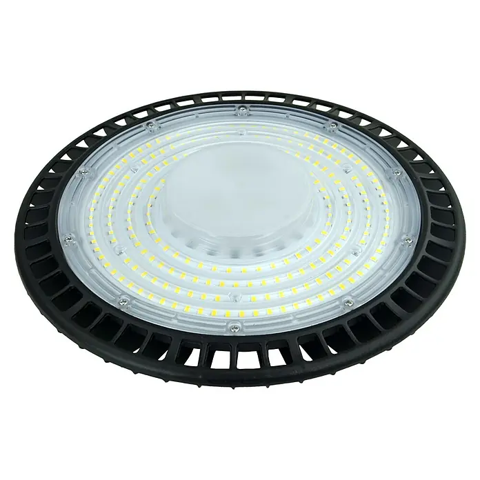 E2 elektro LED-Einbauleuchte rund Slim Hallenleuchte - 150 W, Ø x H: 28 x 9,8 cm, Schwarz, Tageslichtweiß - Nahaufnahme einer runden LED-Hallenleuchte mit klarem Diffusor und schwarzem Kühlkörper, ideal für Industrie- und Gewerbeflächen.