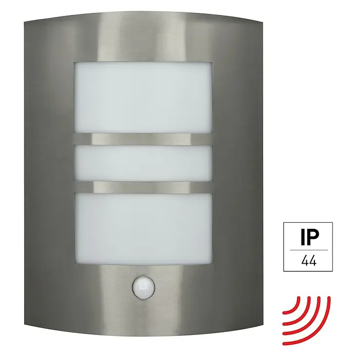 E2 elektro Außenwandleuchte Polis - 15 W, 11,8 x 29 x 15,9 cm, Alu, IP44 - Eine silberne Außenwandleuchte mit Bewegungssensor, die ein modernes und funktionales Design für den Außenbereich bietet.