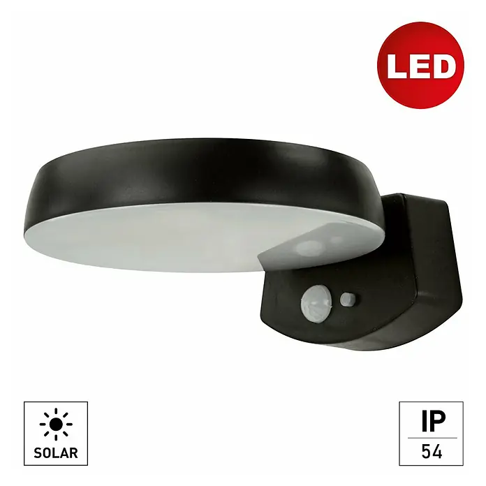 E2 elektro Solar-Außenwandleuchte Solaris - 2 W, L x B x H: 17,5 x 14,5 x 6,5 cm, Schwarz, IP54, 375 lm - Eine schwarze Solar-LED-Wandleuchte mit Bewegungsmelder für den Außenbereich.