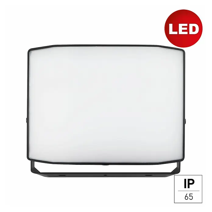 E2 elektro LED-Strahler Pro - 200 W, 22.000 lm, IP65 - Nahaufnahme einer LED-Außenleuchte mit schwarzem Rahmen und Schutzart IP65, ideal für die Beleuchtung von Außenbereichen.