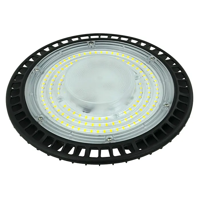 E2 elektro LED-Einbauleuchte rund Slim Hallenleuchte - 100 W, Ø x H: 23 cm x 9,8 mm, Schwarz, Tageslichtweiß - Nahaufnahme einer runden LED-Hallenleuchte mit Kühlkörper und gelben LEDs.