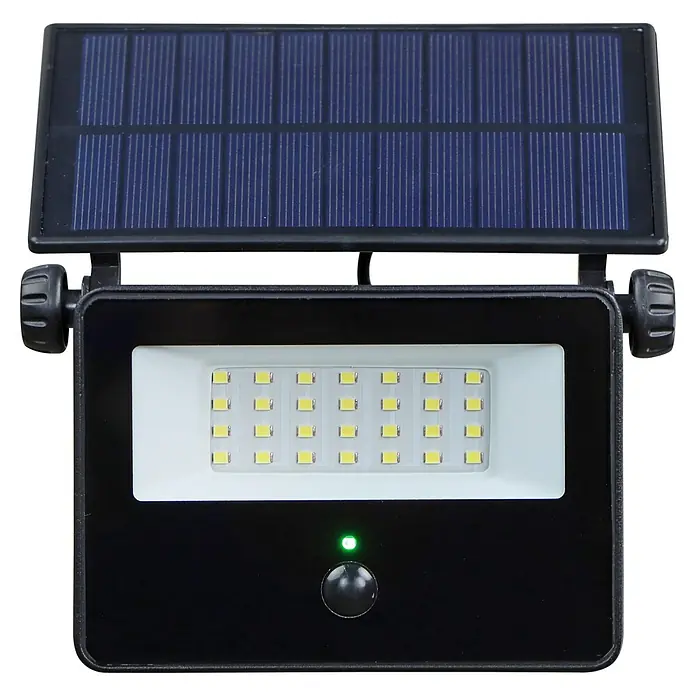 E2 elektro Solar-Außenwandleuchte Segin - 10 W, L x B x H: 19,7 cm x 14,5 cm x 3,2 mm, Schwarz, IP54, 1.500 lm - Eine Solar-betriebene LED-Leuchte mit einem Panel oben und einem Lichtbereich unten, ideal für den Außenbereich.