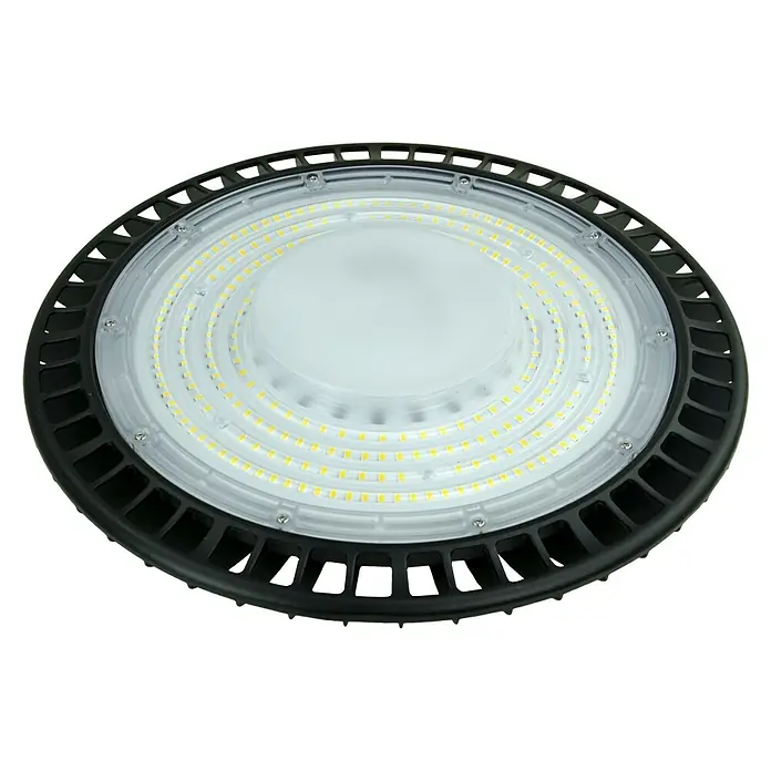 E2 elektro LED-Einbauleuchte rund Slim Hallenleuchte - 200 W, Ø x H: 33 x 9,8 cm, Schwarz, Tageslichtweiß - Nahaufnahme einer runden LED-Hallenleuchte mit Kühlkörper und eingebauten LEDs, ideal für die Industriebeleuchtung.