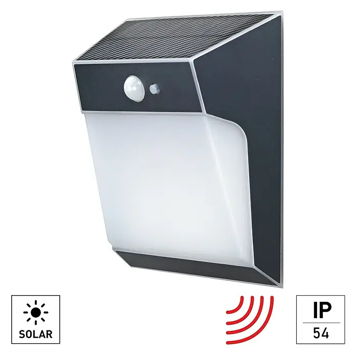 E2 elektro Solar-Außenwandleuchte Sabik - 2,5 W, L x B x H: 18 x 15 x 7 cm, Schwarz, IP54, 360 lm - Eine Solarleuchte mit Bewegungsmelder, die durch ihr schlankes, modernes Design besticht und zuverlässig Licht spendet.