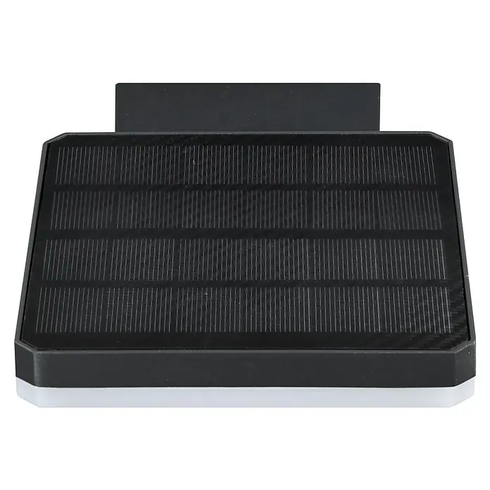 E2 elektro Solar-Außenwandleuchte Sika - 4,4 W, L x B x H: 13,5 x 16,8 x 6,9 cm, Schwarz, IP54, 610 lm - Nahaufnahme eines rechteckigen, schwarzen Solarpanels mit feinen, vertikalen Linien auf der Oberfläche, ideal für umweltfreundliche Energiegewinnung.