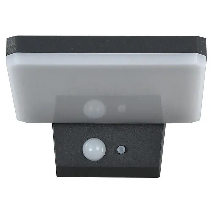 E2 elektro Solar-Außenwandleuchte Sika - 4,4 W, L x B x H: 13,5 x 16,8 x 6,9 cm, Schwarz, IP54, 610 lm - Das Bild zeigt eine Nahaufnahme einer grauen LED-Leuchte mit Bewegungssensor. Sie ist schlicht gestaltet und für den Außenbereich geeignet.