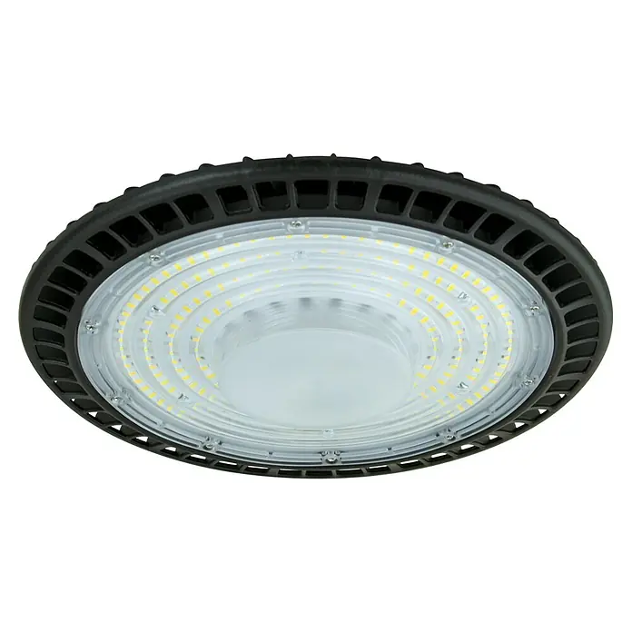 E2 elektro LED-Einbauleuchte rund Slim Hallenleuchte - 150 W, Ø x H: 28 x 9,8 cm, Schwarz, Tageslichtweiß - Nahaufnahme einer runden LED-Hallenleuchte mit schwarzem Gehäuse und klarem Diffusor, ideal für Industrie- und Gewerberäume.