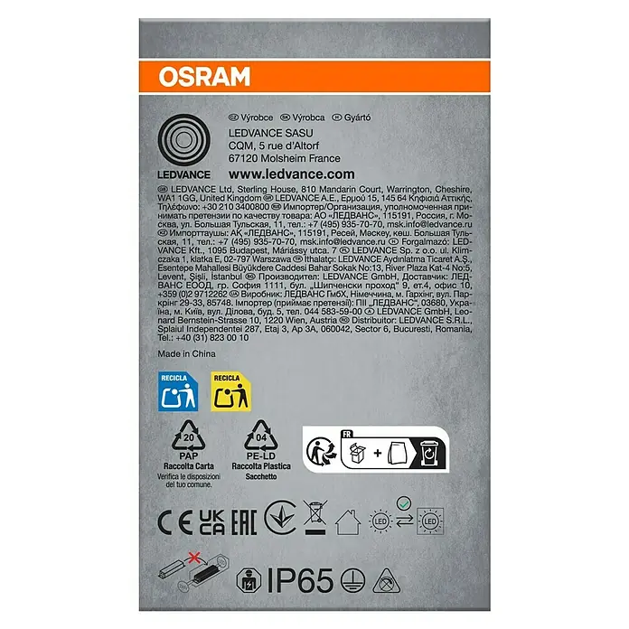 Osram LED-Feuchtraumlichtleiste Submarine - L x B x H: 156,5 x 7,2 x 8,6 cm, Lichtfarbe: Neutralweiß, 19 W, IP65 - Produktverpackung: LEDVANCE Produktinformationen, Recyclinghinweise, CE-Kennzeichnung und IP65-Schutzart.