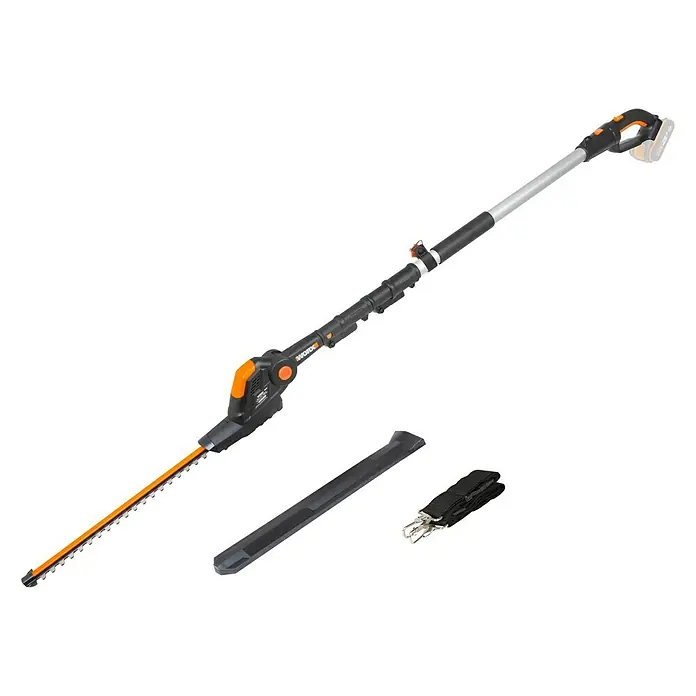 Worx PowerShare 20V Teleskop-Heckenschere WG252E.9 - 20 V, Li-Ionen, Anzahl Akkus: Ohne Akku, Schnittlänge: 45 cm - Abbildung einer Worx Akku-Heckenschere mit Teleskopstiel, inklusive Schwertschutz und Tragegurt. Ideal für hohe Hecken.