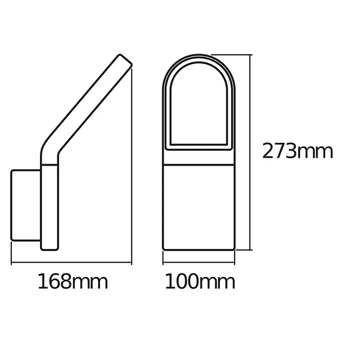 Osram Endura Style LED-Sensor-Außenwandleuchte Wall - 12 W, L x B x H: 16,8 x 10 x 27,3 cm, Dunkelgrau, Warmweiß - Eine technische Zeichnung einer modernen Wandleuchte mit Abmessungen, die ein schlankes und minimalistisches Design zeigt.