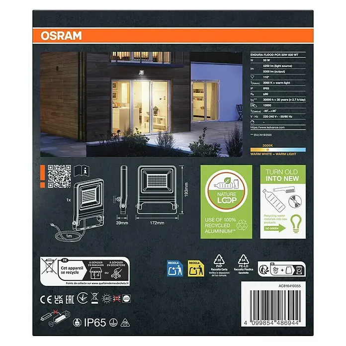 Osram LED-Strahler Endura Flood - 50 W, Weiß, Warmweiß, IP65 - Verpackungsrückseite der Osram Endura Flood PCR 50W 830 WT Leuchte, mit Details zu technischen Daten und Recyclinginformationen.