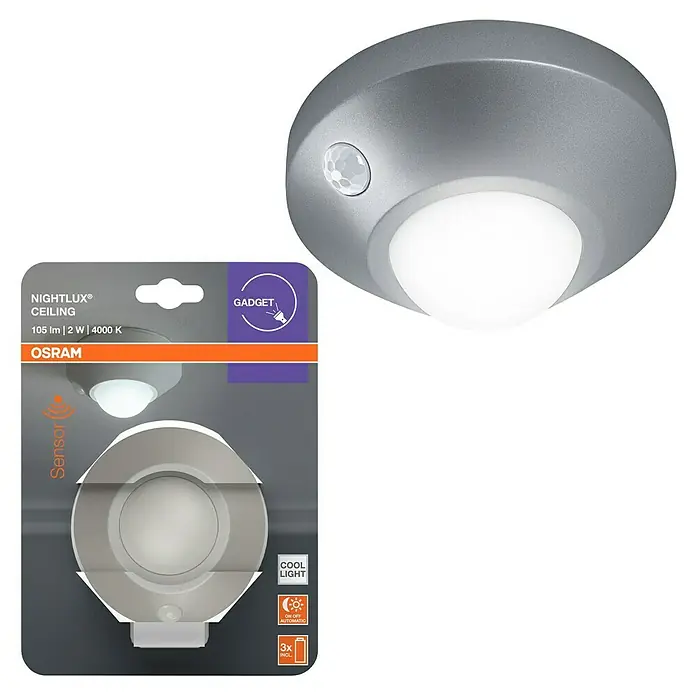 Osram Luz de noche LED - Gris, Ø x Al: 86 x 47 mm - Imagen de una lámpara de techo Nightlux de Osram con sensor de movimiento, perfecta para interiores y huecos de escalera.