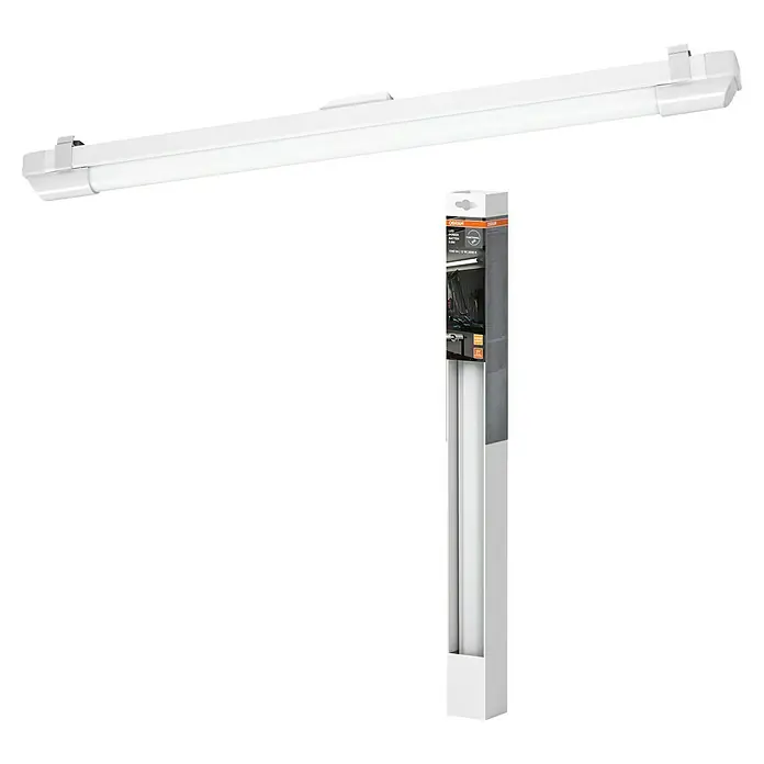 Osram LED-Lichtleiste Power Batten - L x B x H: 60 x 4,1 x 4,8 cm, Lichtfarbe: Warmweiß, 12 W, 220 V - 240 V - Abbildung einer Osram LED-Feuchtraumleuchte in weiß, ideal für Keller, Garage oder Werkstatt. Energiesparend und langlebig.