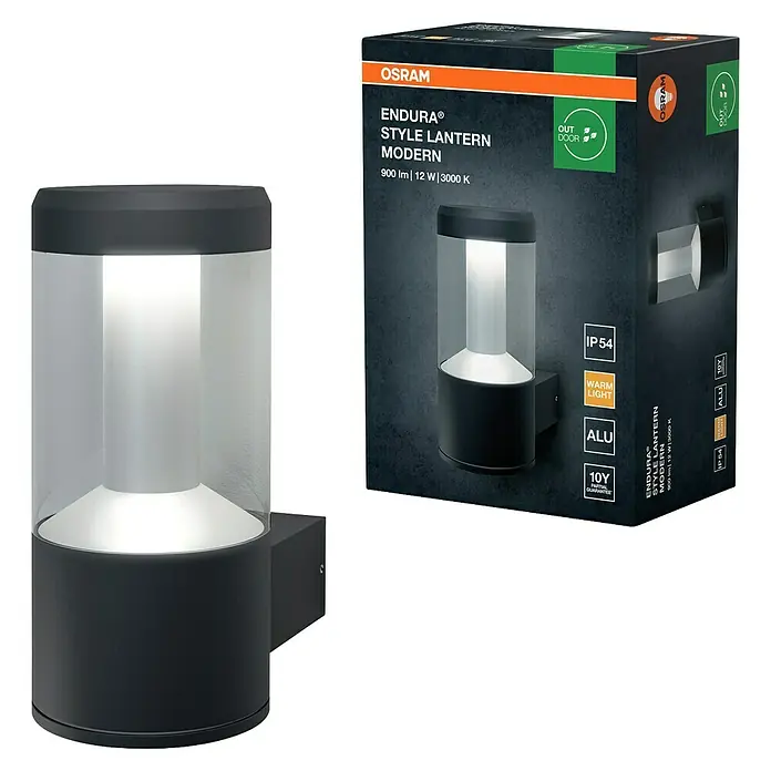 Osram Endura Style Aplique exterior LED Lantern Modern - 11,5 W, 17,6 x 11 x 24 cm, Gris oscuro, IP44 - Primer plano de una linterna de exterior OSRAM Endura Style Modern y su embalaje con información del producto.