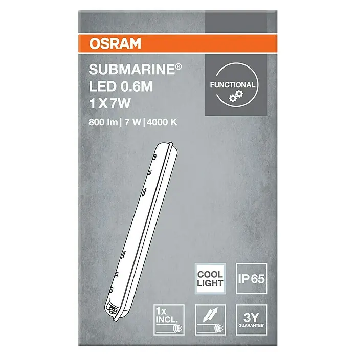 Osram LED-Feuchtraumlichtleiste Submarine - L x B x H: 65,5 x 7,2 x 8,6 cm, Lichtfarbe: Neutralweiß, 7 W, IP65 - Produktbild der OSRAM SUBMARINE® LED 0.6M 1X7W Feuchtraumleuchte mit 800 Lumen, 7 Watt und 4000 Kelvin Farbtemperatur.