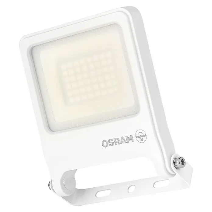 Osram LED-Strahler Endura Flood - 30 W, Weiß, Warmweiß, IP65 - Nahaufnahme eines weißen OSRAM LED-Strahlers, der effiziente Beleuchtung und Langlebigkeit für den Außenbereich bietet.