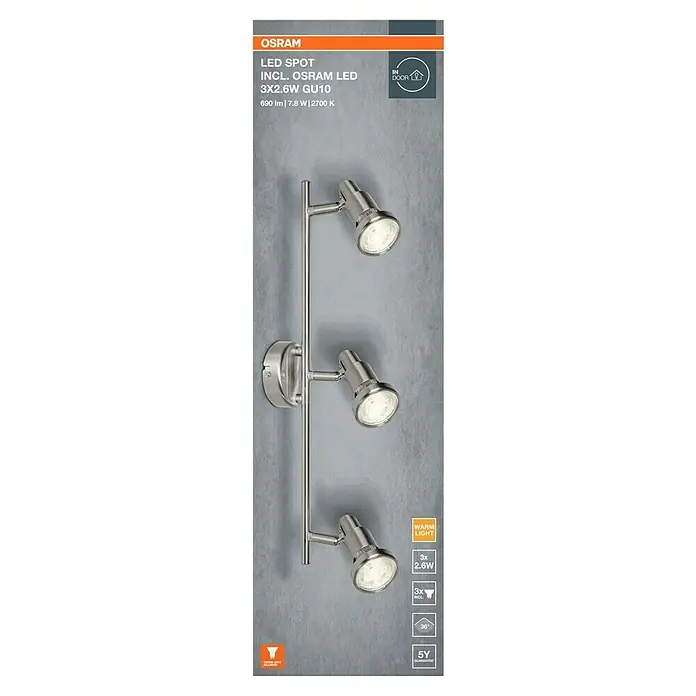 Osram LED-Deckenstrahler - 7,8 W, L x B x H: 465 x 80 x 146 mm, Nickel matt, Warmweiß, 3 Stk. - Ein Osram LED-Spot mit drei Lampen, inklusive Osram LED 3X2.6W GU10, ideal für die Innenraumbeleuchtung mit warmweissem Licht.