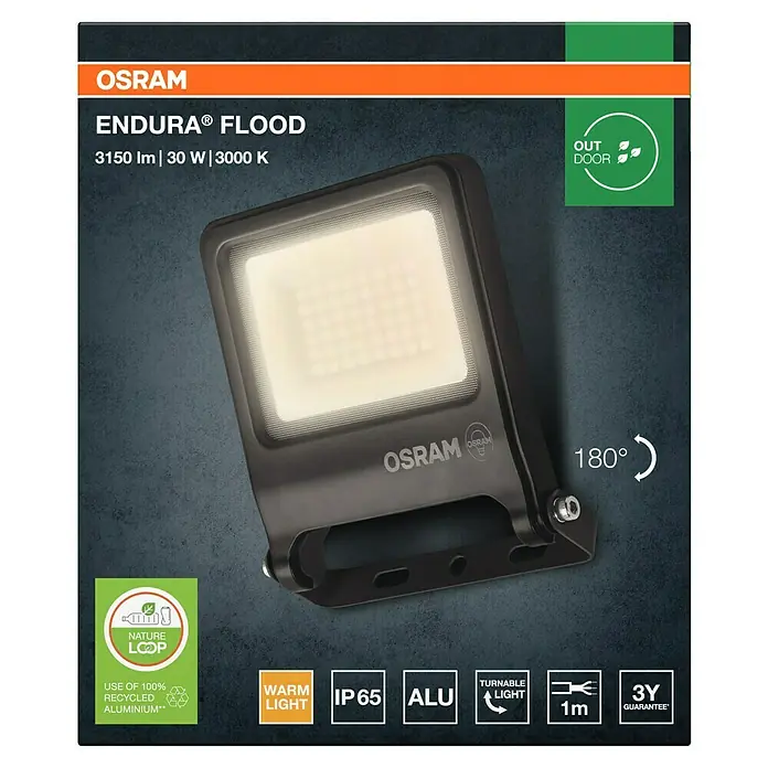 Osram LED-Strahler Endura Flood - 30 W, Anthrazit, Warmweiß, IP65 - Abgebildet ist ein Osram Endura Flutlichtstrahler, der mit 3150 Lumen, 30 Watt und 3000 Kelvin eine effiziente Beleuchtungslösung bietet.