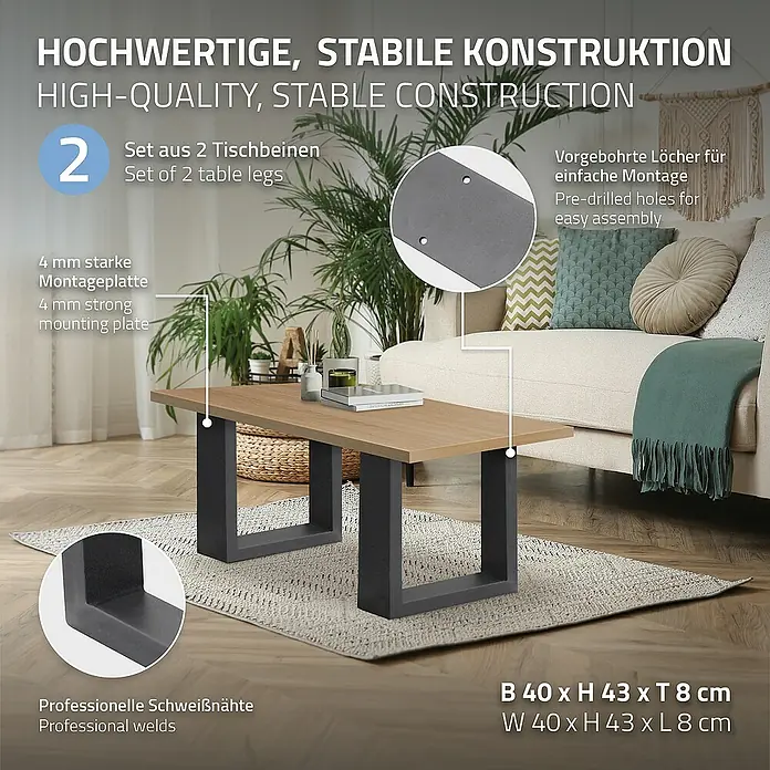 ECD Germany Tischgestell Bankkufen modernes Industriedesign Möbelfüße aus Metall - L x B x H: 8 x 40 x 72 cm, Stahl - Bild eines Couchtisches mit Holzplatte und schwarzen Metallbeinen, der Stabilität und hochwertige Verarbeitung betont.