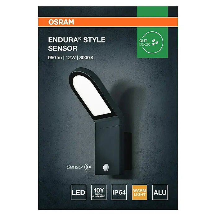 Osram Endura Style LED-Sensor-Außenwandleuchte Wall - 12 W, L x B x H: 16,8 x 10 x 27,3 cm, Dunkelgrau, Warmweiß - Produktbild einer Osram Endura Style Sensor Außenleuchte mit Bewegungsmelder, 950 Lumen, 12 Watt, 3000 Kelvin und Schutzart IP54.