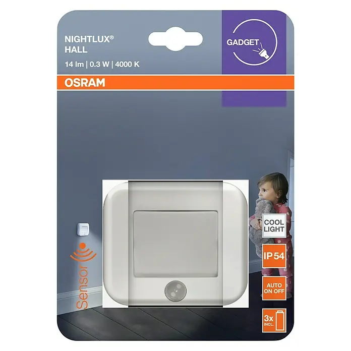 Osram Nightlux LED-Nachtlicht Hall - Schwarz, L x B x H: 8,4 x 7,3 x 2,2 cm - Produktverpackung für OSRAM Nightlux Hall Sensorleuchte, eine praktische und energieeffiziente Beleuchtungslösung für Innenräume.