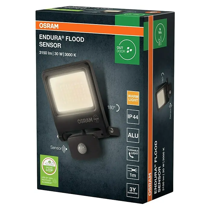 Osram LED-Strahler Endura Flood - 30 W, Anthrazit, Warmweiß, IP44 - Verpackung des OSRAM Endura Flood Sensor, einer Außenleuchte mit 3150 lm, 30 W und 3000 K Farbtemperatur.