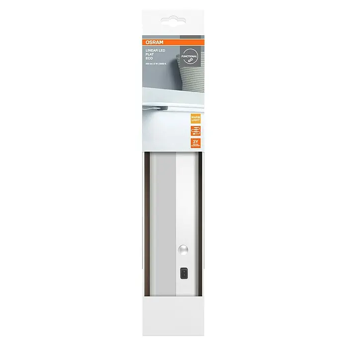 Osram Linear LED-Unterbauleuchte LED Flat - 6 W, Länge: 370 mm, Warmweiß - Verpackung der OSRAM Linear LED Flat ECO Leuchte mit Infos zu Lichtleistung, Wattzahl, Farbtemperatur & Garantie.