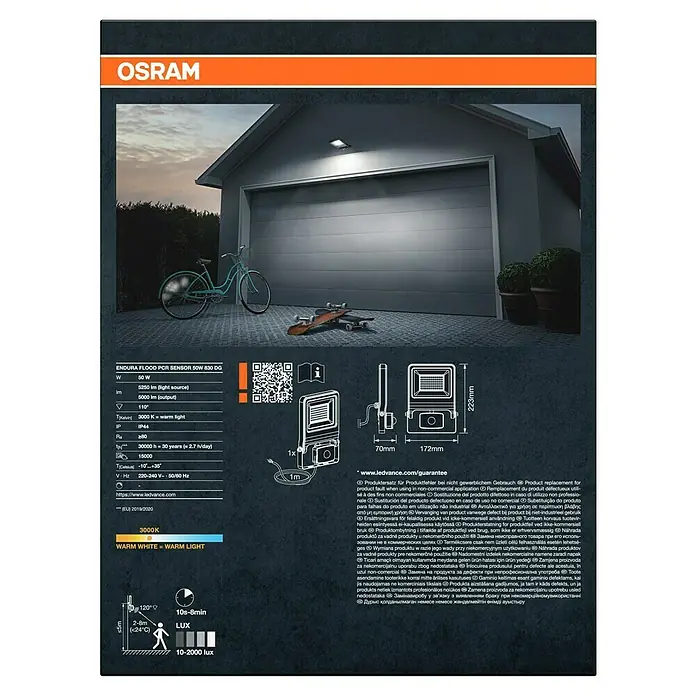 Osram LED-Strahler Endura Flood - 50 W, Anthrazit, Warmweiß, IP44 - OSRAM Endura Flood PCR 50W 830 DG: LED-Außenstrahler mit Bewegungsmelder, 5000 Lumen, warmweißes Licht, IP44, bis zu 30 Jahre Lebensdauer.