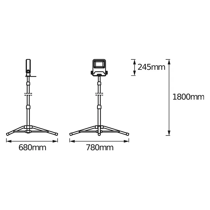 Osram LED-Arbeitsleuchte Tripod L - Lichtfarbe: Neutralweiß, IP65, 50 W - Schemazeichnung eines Ständers mit Maßen: 680 mm, 780 mm, 245 mm und 1800 mm. Das Produkt ist ideal für Messungen und den professionellen Gebrauch.