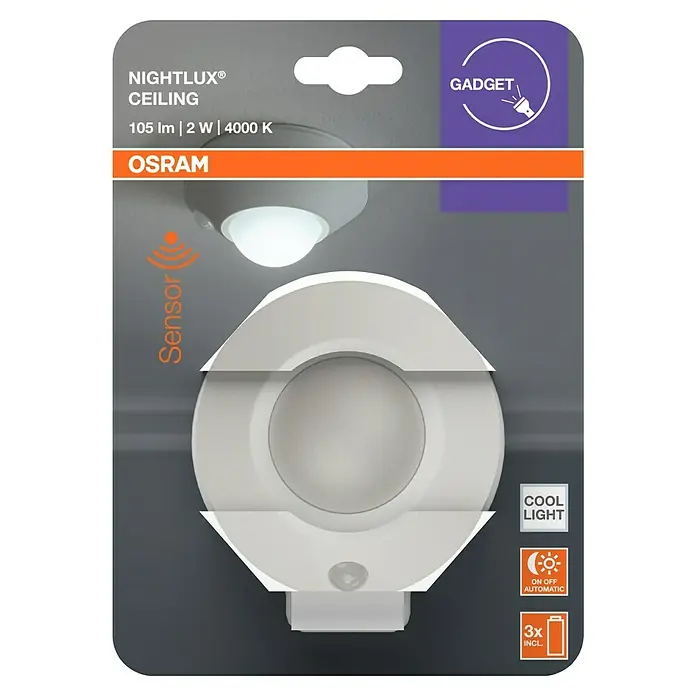 Osram LED-Nachtlicht Ceiling - Weiß, Ø x H: 86 x 47 mm - NIGHTLUX® Deckenleuchte von OSRAM mit Sensor, 105 lm, 2 W und 4000 K für ein kühles Licht. Inklusive Batterien, ideal als Gadget.