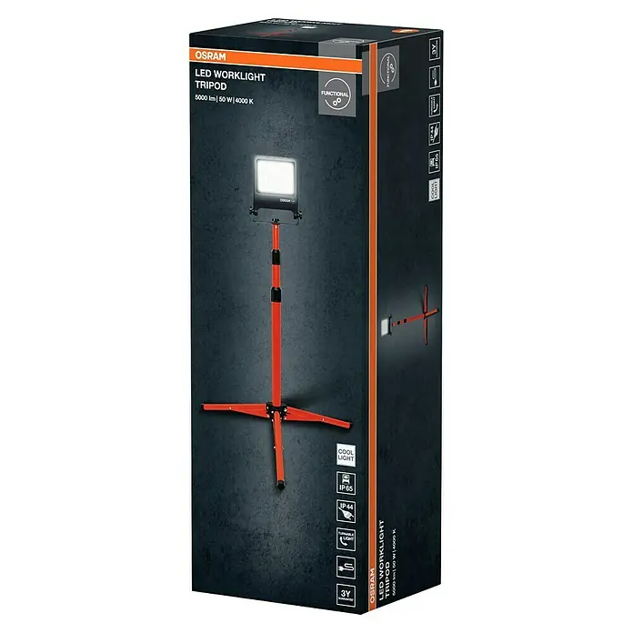 Osram LED-Arbeitsleuchte Tripod L - Lichtfarbe: Neutralweiß, IP65, 50 W - Produktverpackung einer Osram LED-Arbeitsleuchte mit Stativ, 5000 Lumen, 50 Watt und 4000 Kelvin, ideal für Baustellen.