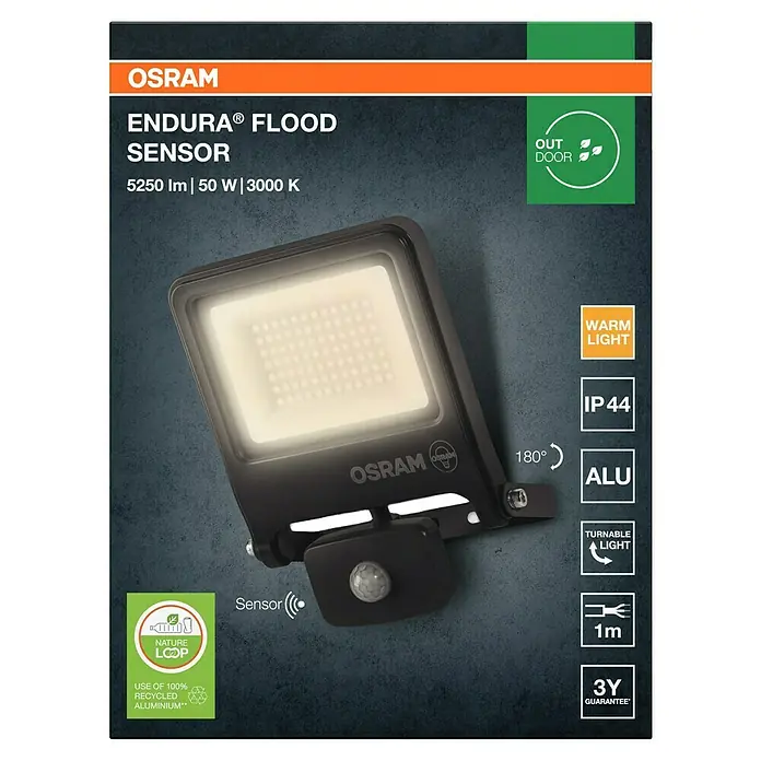 Osram LED-Strahler Endura Flood - 50 W, Anthrazit, Warmweiß, IP44 - Abbildung einer OSRAM ENDURA® FLOOD SENSOR Außenleuchte mit 5250 lm, 50 W und 3000 K, mit Bewegungssensor und verschiedenen Produkteigenschaften.
