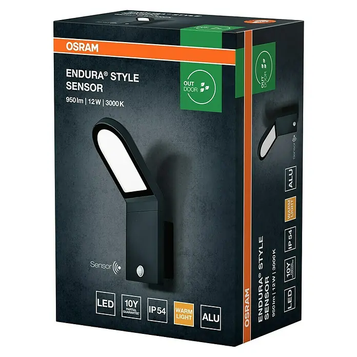 Osram Endura Style Aplique exterior LED con sensor Wall - 12 W, L x An x Al: 16,8 x 10 x 27,3 cm, Gris oscuro, Blanco, Blanco cálido - Embalaje del producto de la lámpara de exterior Osram Endura Style Sensor con LED, sensor de movimiento, protección IP54 y luz blanca cálida.
