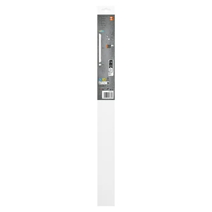 Osram LED-Lichtleiste Power Batten - L x B x H: 60 x 4,1 x 4,8 cm, Lichtfarbe: Kaltweiß, 12 W, 220 V - 240 V - Nahaufnahme der Produktverpackung mit Produktinformationen, Installationsanleitung und Barcode eines OSRAM Produkts.
