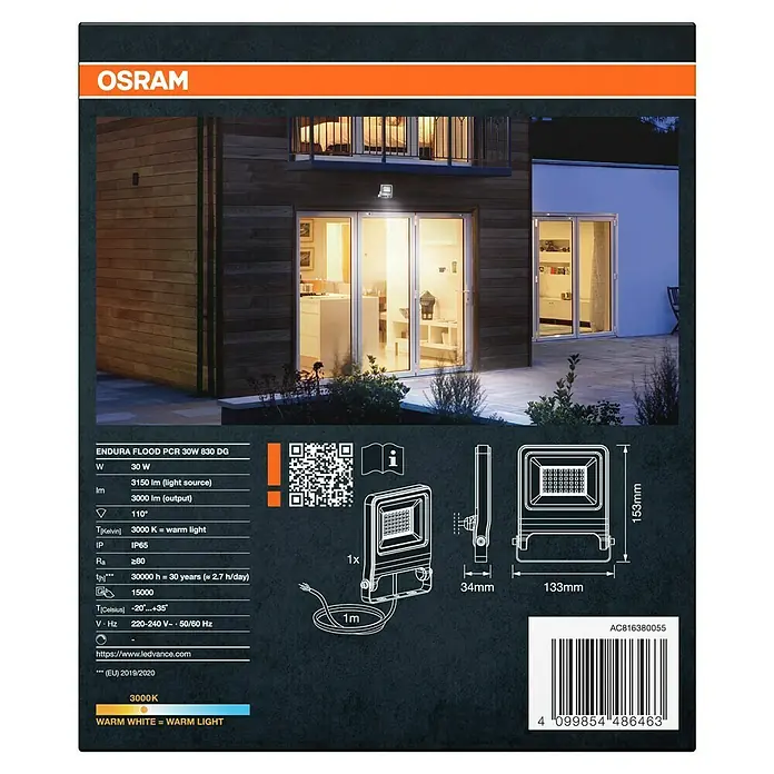 Osram LED-Strahler Endura Flood - 30 W, Anthrazit, Warmweiß, IP65 - Produktverpackung für OSRAM ENDURA FLOOD PCR 30W 830 DG LED-Fluter mit technischen Daten, Abmessungen und Barcode.