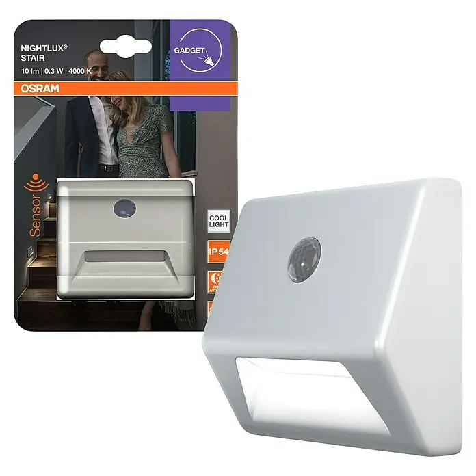 Osram Nightlux LED-Nachtlicht Stair - Silber, 28 x 84 x 73 mm - Das Bild zeigt eine Osram Nightlux Stair Treppenleuchte mit Bewegungssensor, ideal für die Beleuchtung von Treppen und Fluren.