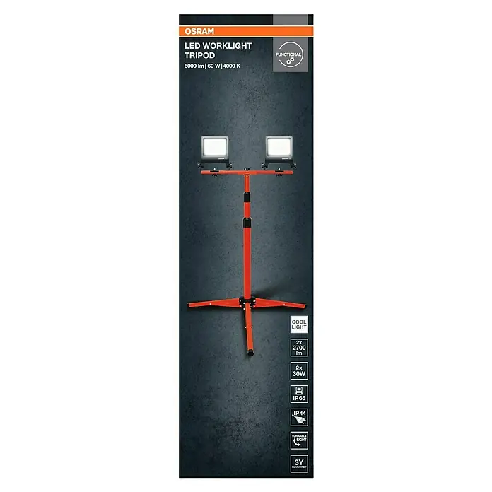 Ledvance Luz de trabajo LED Stativ -  - Imagen de un foco de trabajo LED Osram con trípode, que ofrece 6000 lm de brillo a 60 W y 4000 K. Ideal para obras.