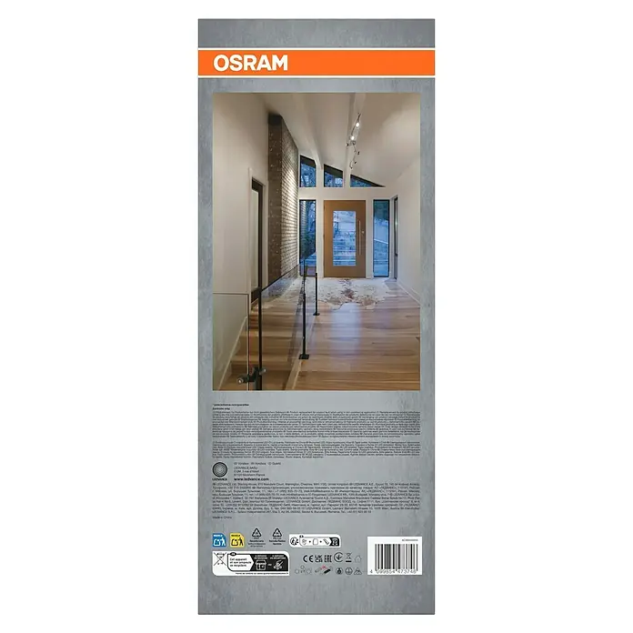 Osram LED-Deckenstrahler - 15,6 W, L x B x H: 1.190 x 80 x 170 mm, Nickel matt, Warmweiß, 6 Stk. - Produktverpackung von OSRAM mit einem Bild eines modern beleuchteten Eingangsbereichs, der die effektive Beleuchtung hervorhebt.