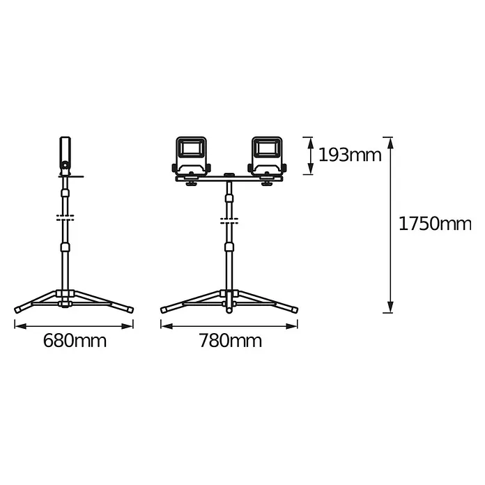 Ledvance Luz de trabajo LED Stativ -  - Diagrama de un soporte de cámara ajustable con dimensiones de 680 mm, 780 mm y 1750 mm, que ofrece una base estable y ajuste de altura.