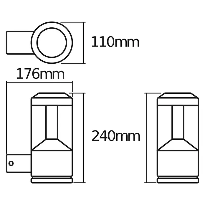 Osram Endura Style Aplique exterior LED Lantern Modern - 11,5 W, 17,6 x 11 x 24 cm, Gris oscuro, IP44 - Dibujo técnico de una lámpara de pared que muestra dimensiones de 110 mm, 176 mm y 240 mm. Vista detallada con todas las medidas relevantes.
