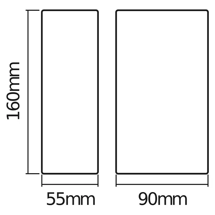 Ledvance Aplique exterior LED - 12 W, 5,5 cm x 9 mm x 16 cm, Gris oscuro, Claro, IP44 - Imagen con las dimensiones de un producto de 55 mm y 90 mm de ancho y 160 mm de alto, para construcción o diseño.\n