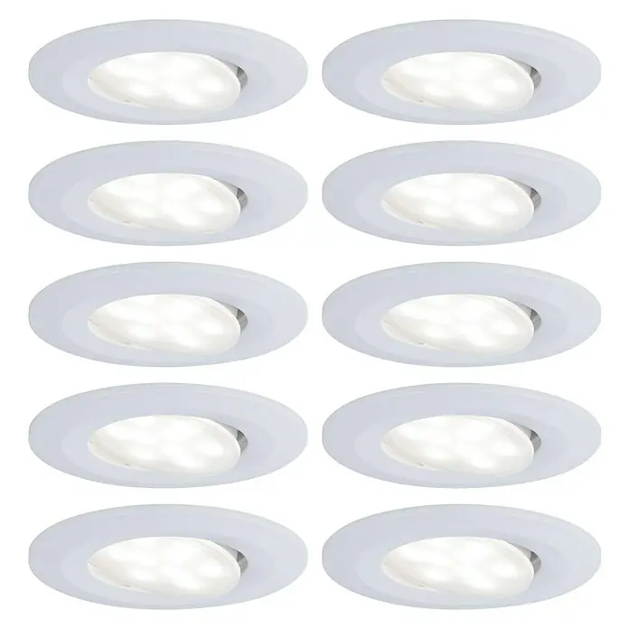 Paulmann LED-Einbauleuchten-Set Calla - 6 W, Ø x H: 9 cm x 5 mm, Weiß, 10 Stk., Neutralweiß - Zehn weiße LED-Einbaustrahler, angeordnet in einem sauberen Raster auf einem schwarzen Hintergrund. Ideal für moderne Beleuchtungskonzepte.