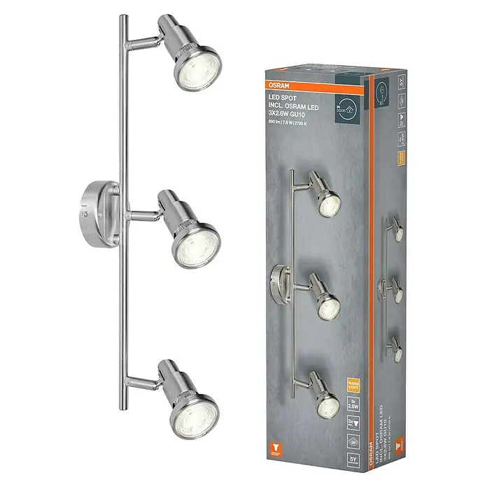 Osram LED-Deckenstrahler - 7,8 W, L x B x H: 465 x 80 x 146 mm, Nickel matt, Warmweiß, 3 Stk. - Ein Osram LED-Spot mit drei GU10-Lampen, jeweils 2.6W, präsentiert in seiner Verpackung und separat.